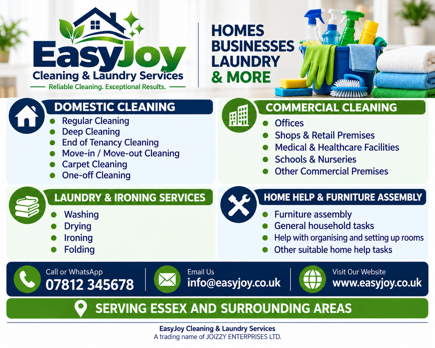 Blue cleaning caddy with colourful cleaning products, cloths and neatly folded towels